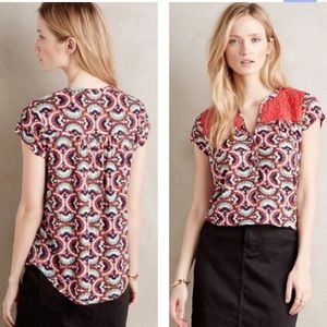 PORRIDGE | Anthropologie Boho Red Belmar Geo Print Cap Sleeve Blouse